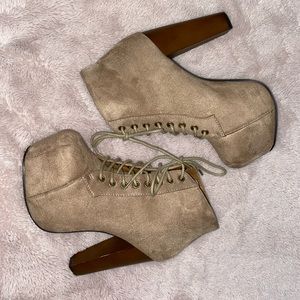 Taupe 6 inch chunky heel platform booties .